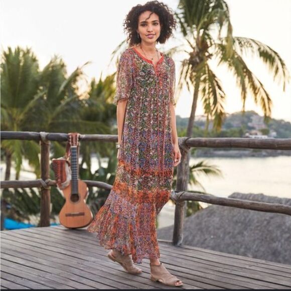 SUNDANCE Shadded Grove Floral Sheer Maxi Slip Dress Lace-up Neck Size M - Picture 3 of 12